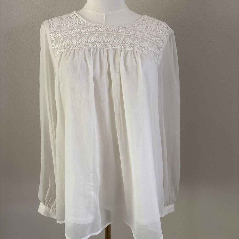 H&M Womens Size 8 White Lace Blouse Sheer Long Sleeve Boho Romantic Top